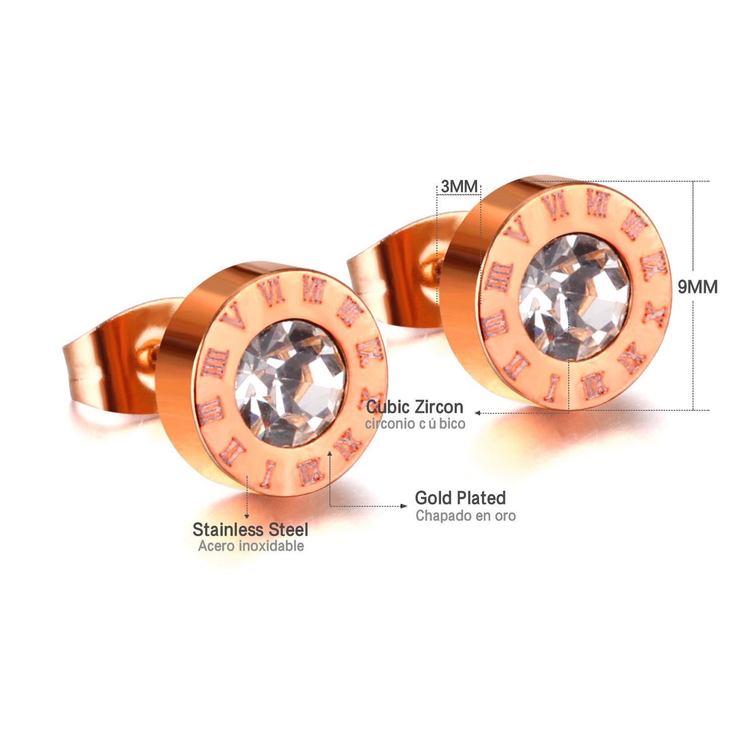 Round Zircon Roman Stud Earrings [Stainless Steel]