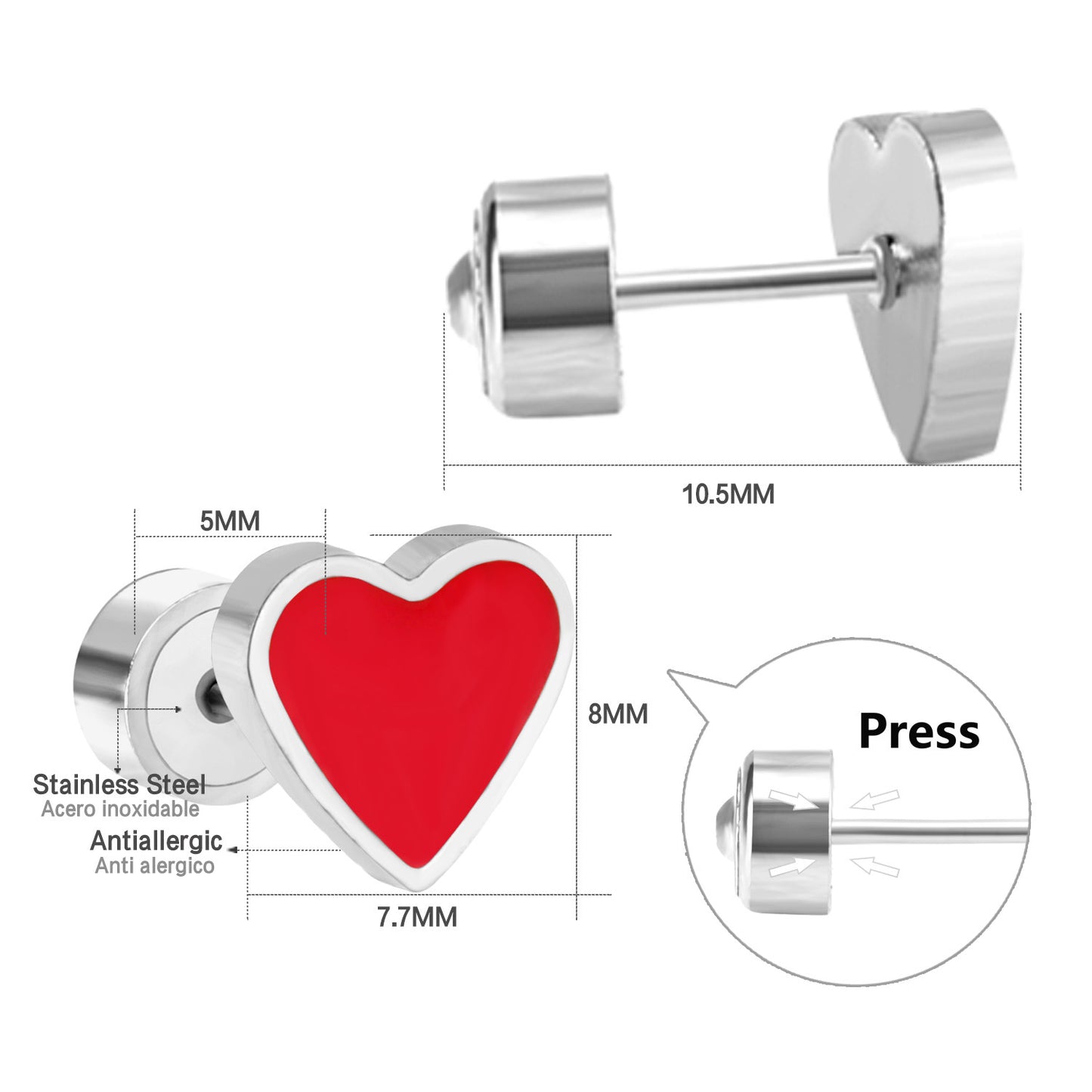 Kolczyki różowego czerwonego serca [304 stal nierdzewna]