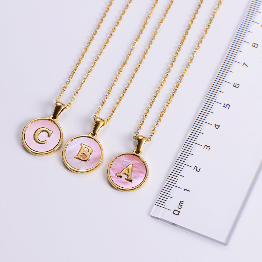 Pink Shell Letter Necklaces [304 Stainless Steel,18K Gold Plated]