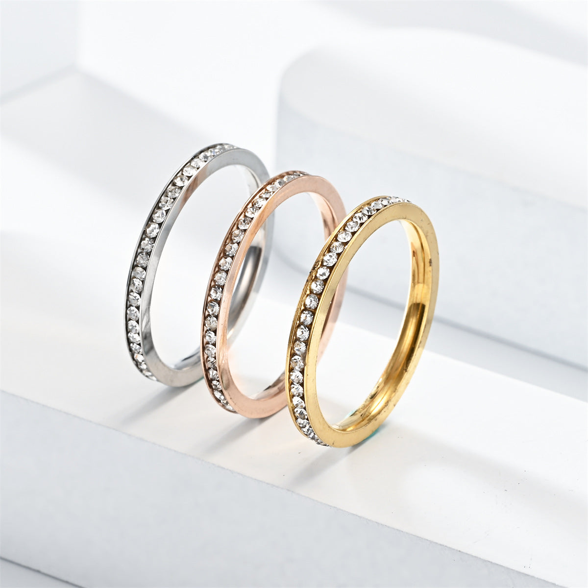 simple style circle stainless steel inlay zircon rings