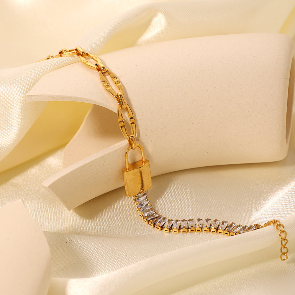 Shiny Lock Zircon Bracelet [Stainless Steel, 18K Gold Plated]