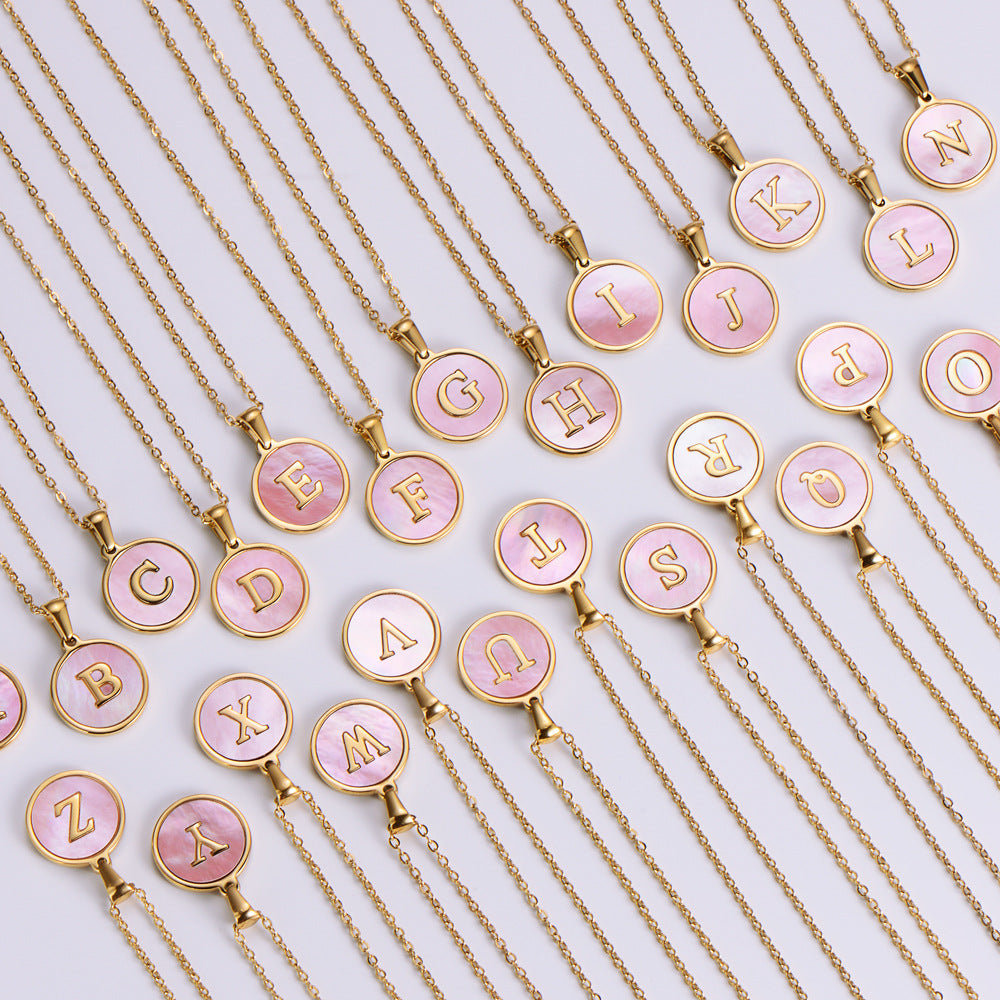 Pink Shell Letter Necklaces [304 Stainless Steel,18K Gold Plated]