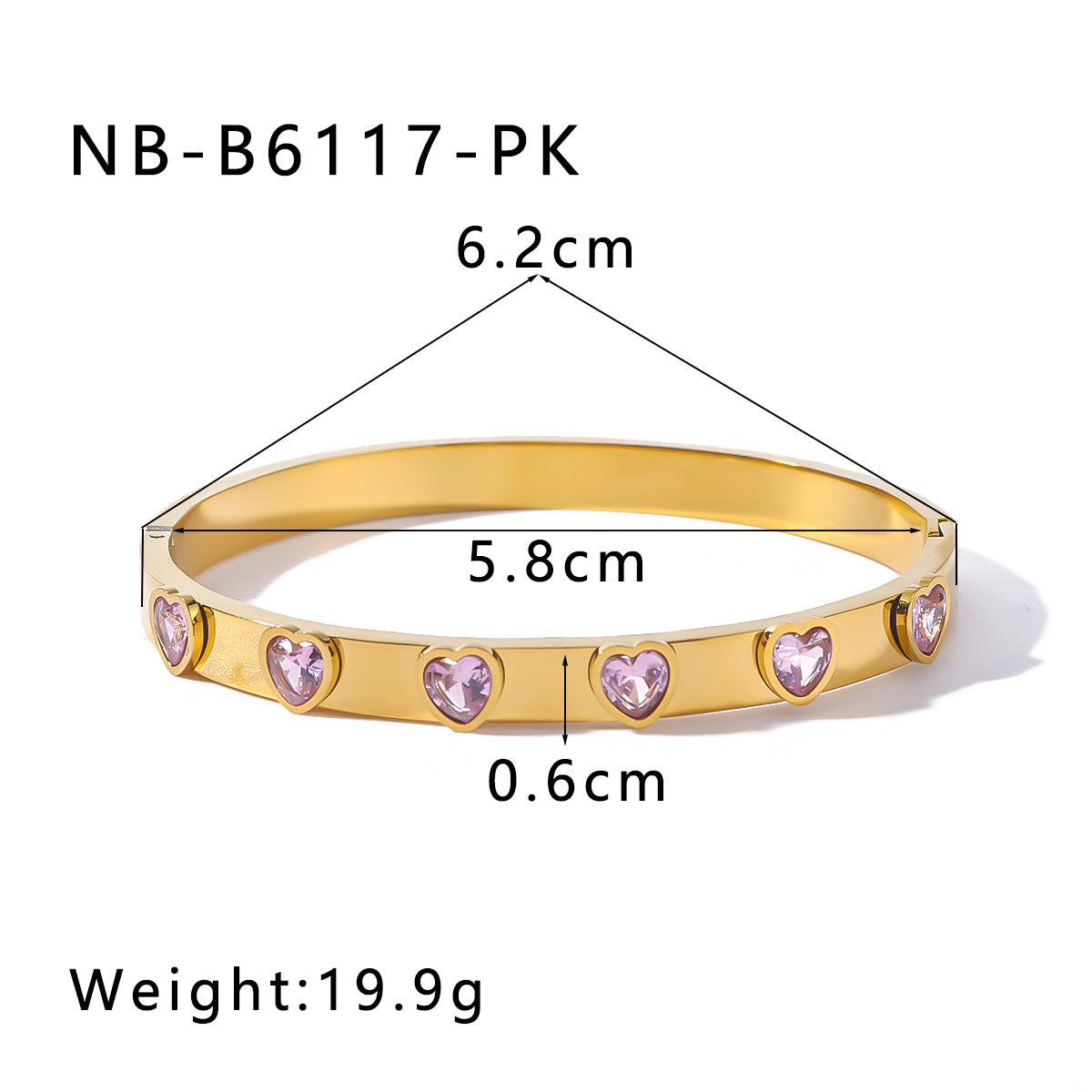 Heart Shape Zircon Bangle Bracelet [304 Stainless Steel, 18K Gold Plated]