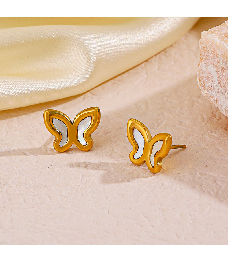 White Butterfly Shell Earrings/Necklace [304 Stainless Steel,18K Gold Plated]