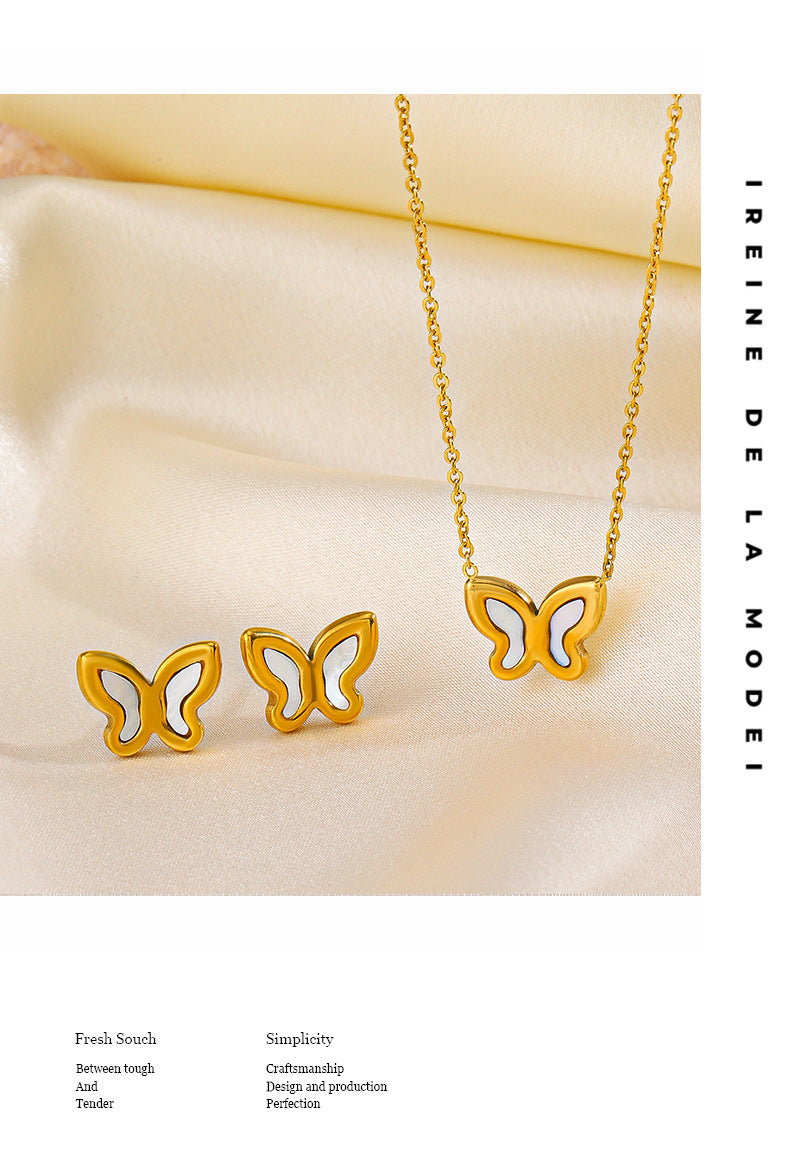 White Butterfly Shell Earrings/Necklace [304 Stainless Steel,18K Gold Plated]