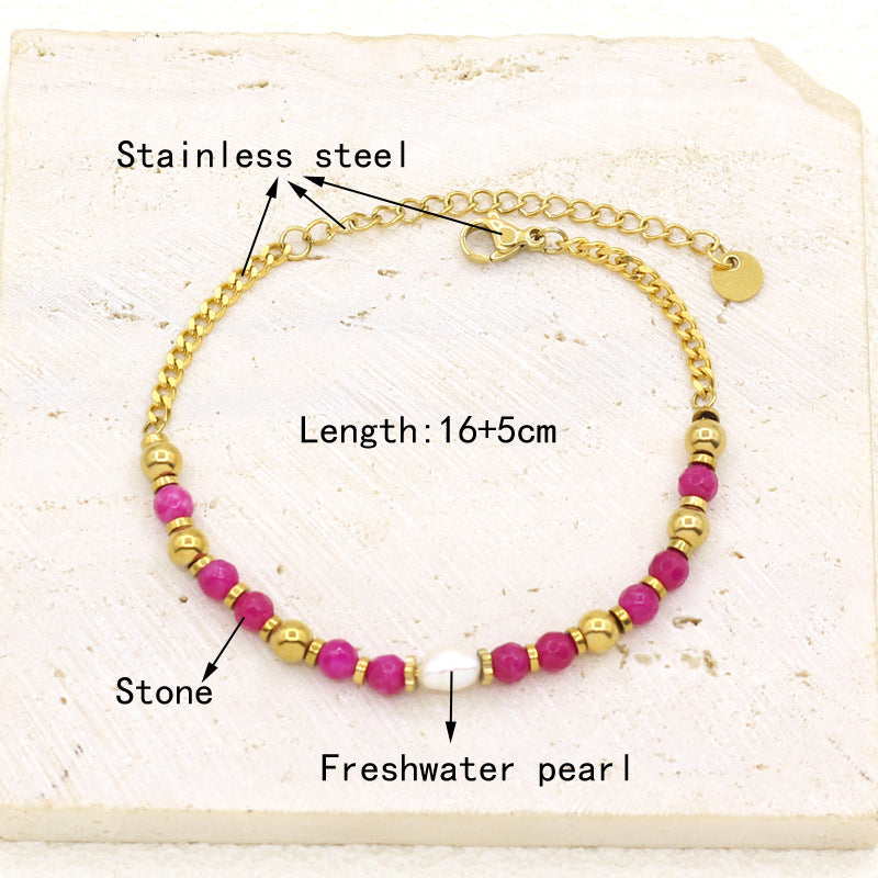 Pink Flower Artificial Pearl Bracelets [304 Stainless Steel]