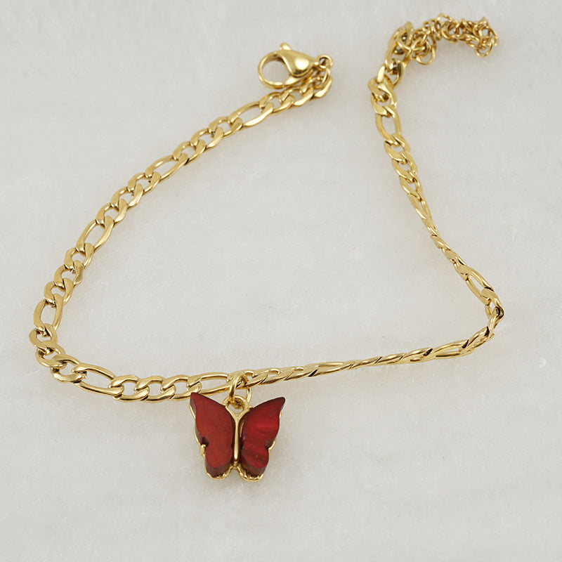 Red Butterfly Chain Anklet [304 Stainless Steel, 18K Gold Plated]