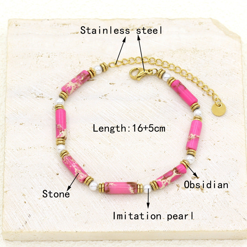 Pink Flower Artificial Pearl Bracelets [304 Stainless Steel]