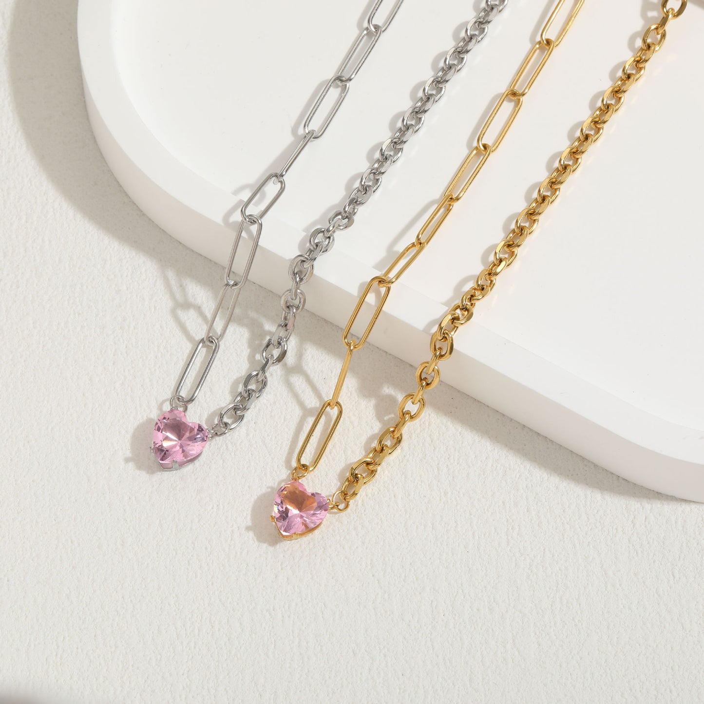 Pink Heart Shape Necklace [304 Stainless Steel,14K Gold Plated]