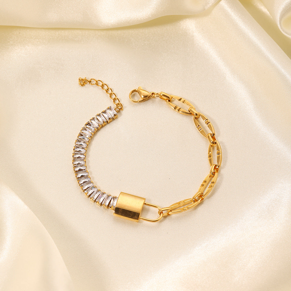 Shiny Lock Zircon Bracelet [Stainless Steel, 18K Gold Plated]