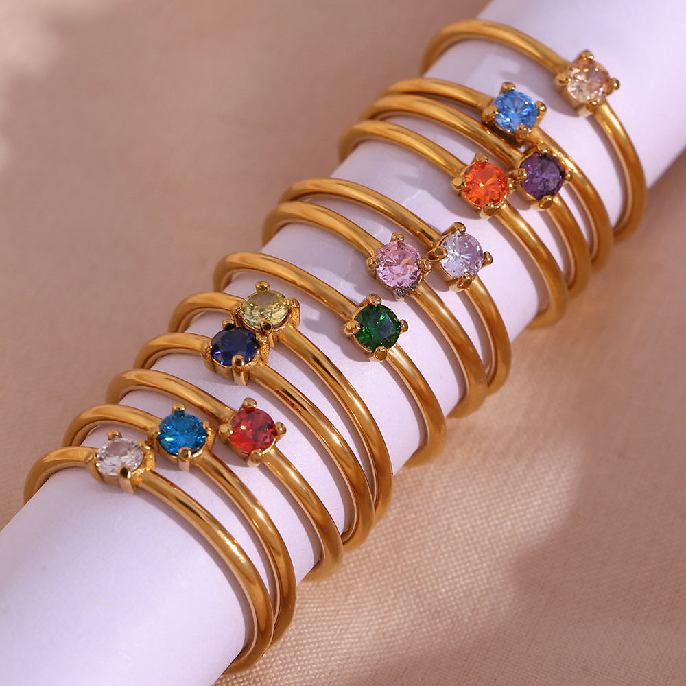 Round Artificial Gemstones Birthstone Ring [304 Stainless Steel, 18K Gold Plated]