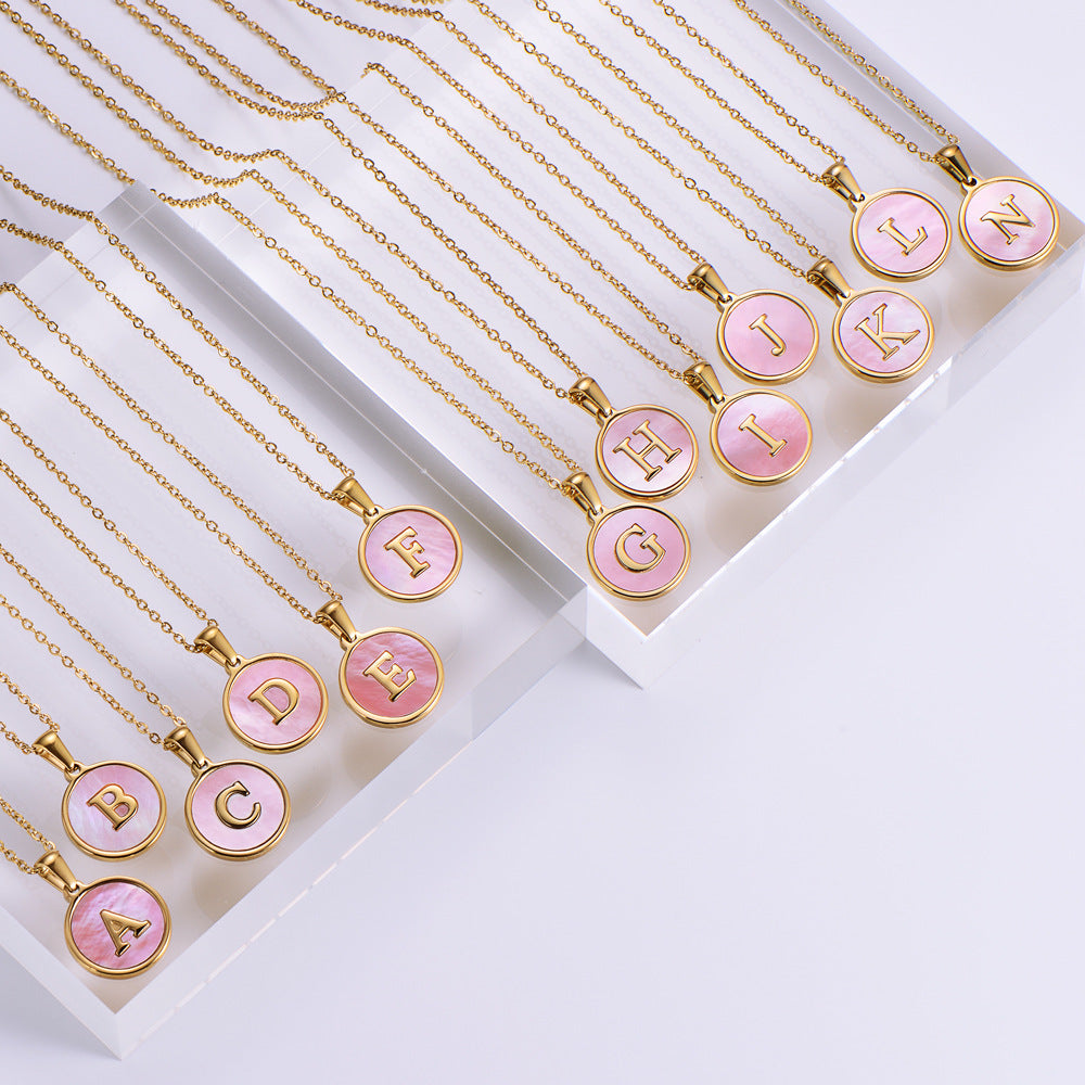 Pink Shell Letter Necklaces [304 Stainless Steel,18K Gold Plated]