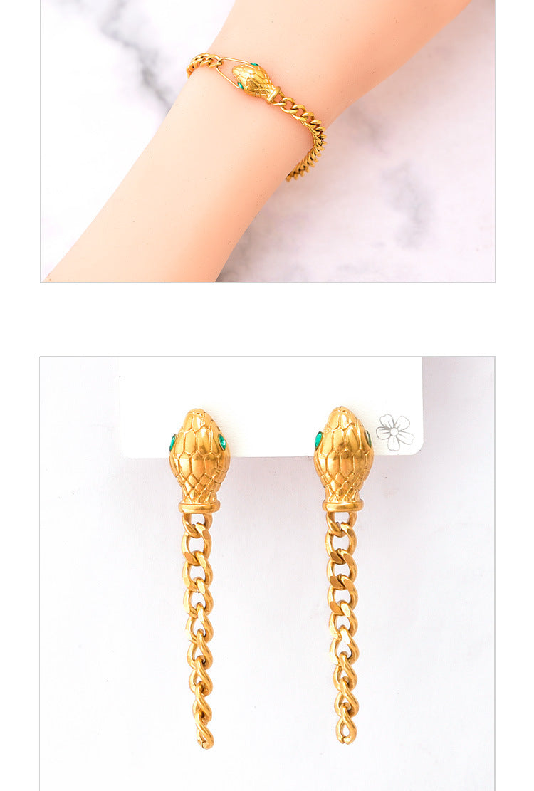 Snake Artificial Gemstones Bracelet/Earrings [304 Stainless Steel,18K Gold Plated]