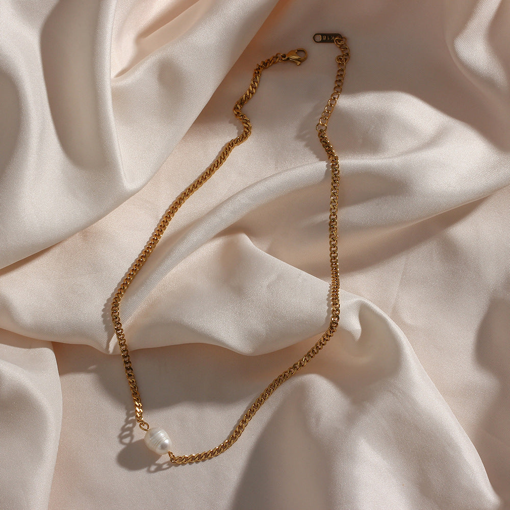 Cuban Link Pearl Necklace [304 Stainless Steel,18K Gold Plated]