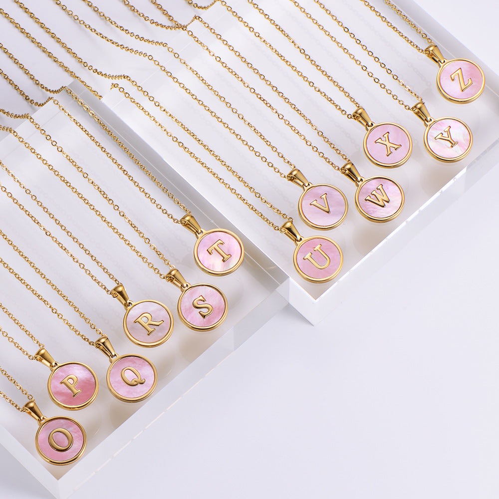 Pink Shell Letter Necklaces [304 Stainless Steel,18K Gold Plated]