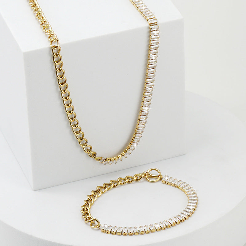 Rhinestones Chain Bracelet/Necklace [304 Stainless Steel, 18K Gold Plated]