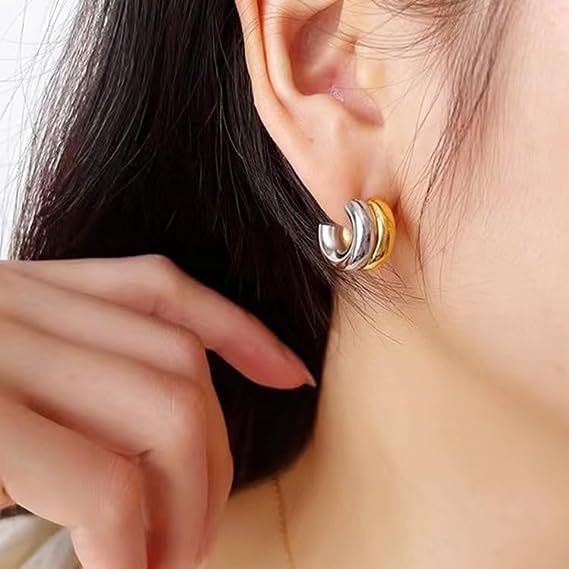 Double Mix Silver Gold Earrings [304 Stainless Steel]