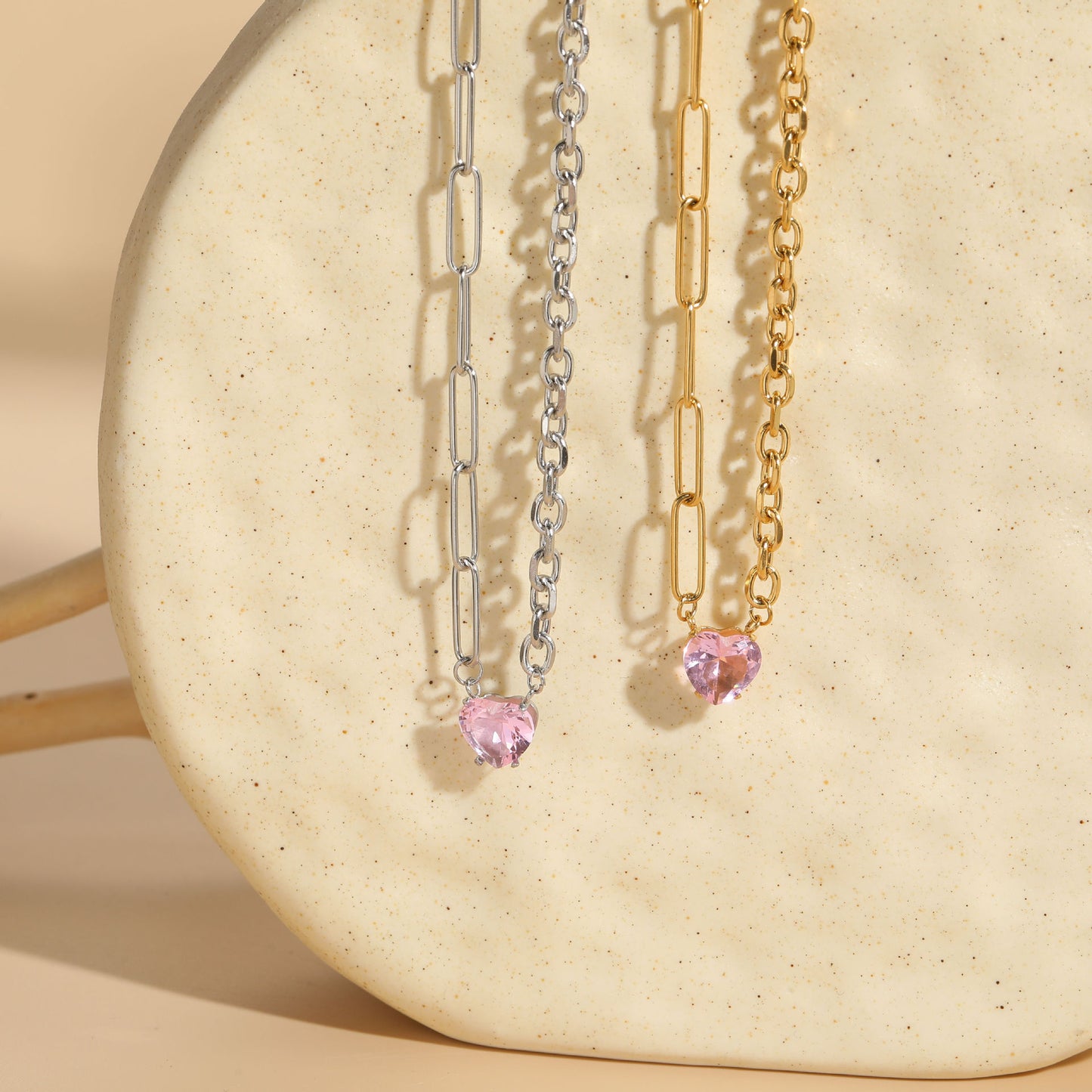 Pink Heart Shape Necklace [304 Stainless Steel,14K Gold Plated]