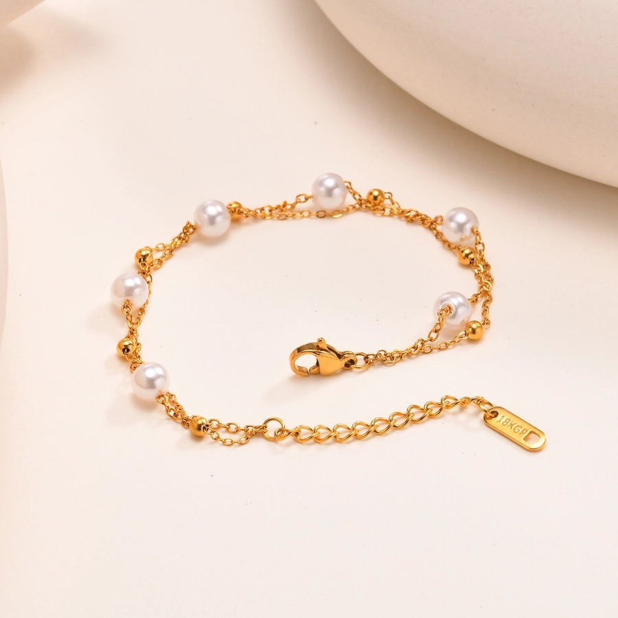 Imitation Pearl Layered Chain Bracelet [201 Stainless Steel, 18K Gold Plated]