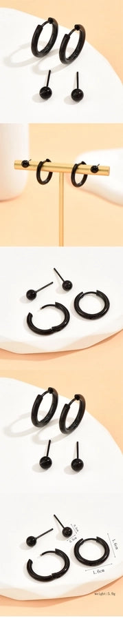 Black Hoop and Ball Earrings Set [Stainless Steel]