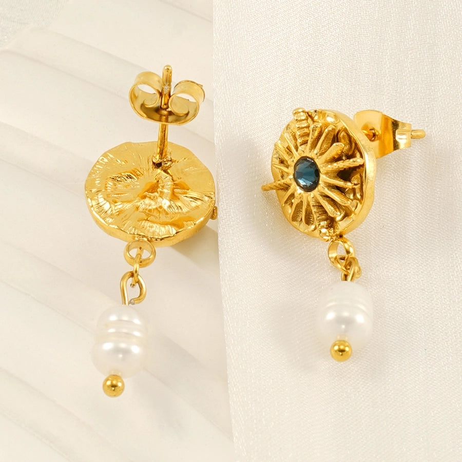 Round Astrolabe Artificial Pearls Earrings [304 Stainless Steel,18K Gold Plated]