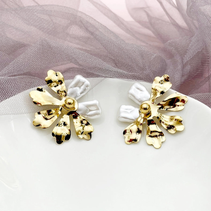 Flower Inlay Pearl Drop Earrings [304 Stainless Steel,14K Gold Plated]