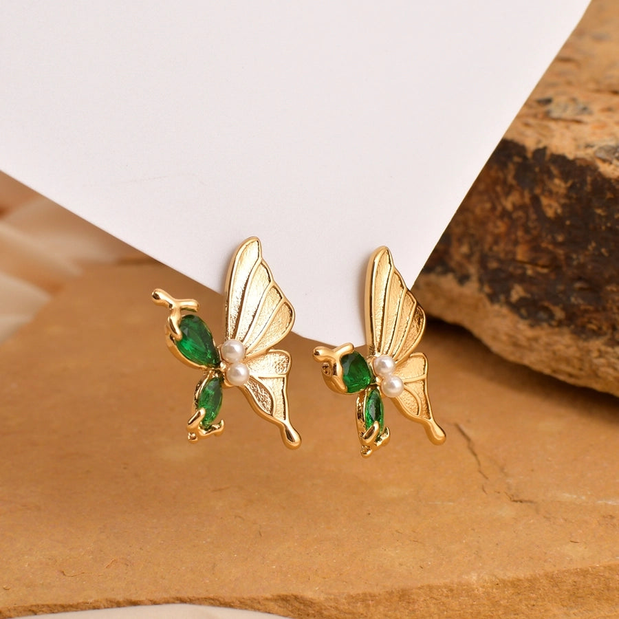 Shiny Stones Butterfly Earrings [304 Stainless Steel,18K Gold Plated]