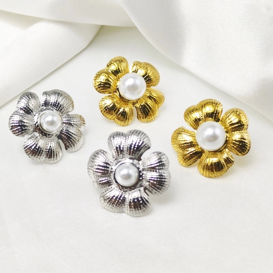 Flower Artificial Pearls Earrings [304 Stainless Steel,18K Gold Plated]