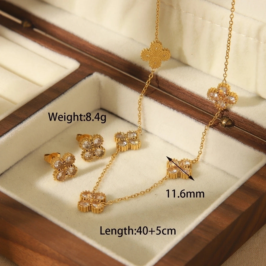 Four Leaf Clover Flower Bracelet/Jewelry Set [304 Stainless Steel, 18K Gold Plated]