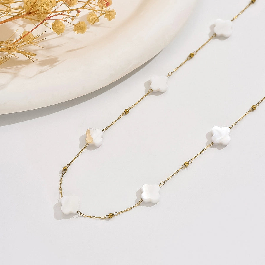 Four Leaf Clover White Necklace  [304 Stainless Steel,18K Gold Plated]