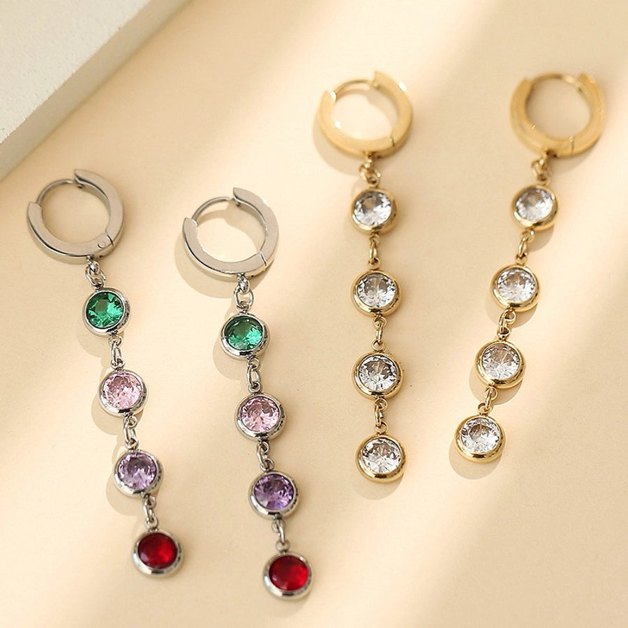 Round Colored Zircon Drop Earrings [304 Stainless Steel,18K Gold Plated]