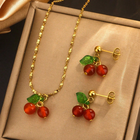 Cherry Jewelry Set [304 Rustfritt stål, 18K gullbelagt]