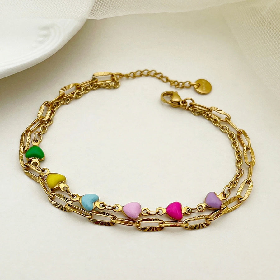 Enamel Heart Double Chain Bracelets [304 Stainless Steel, 14K Gold Plated]