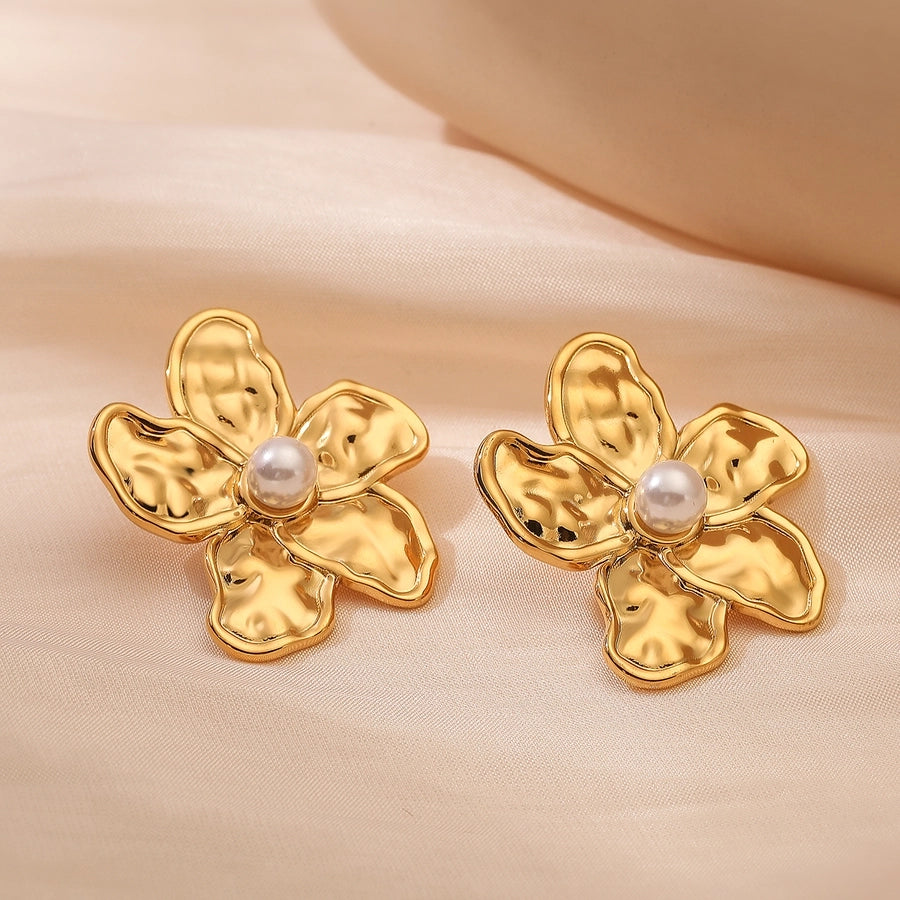 Exaggerated Flower Pearl Ear Studs [304 Stainless Steel]