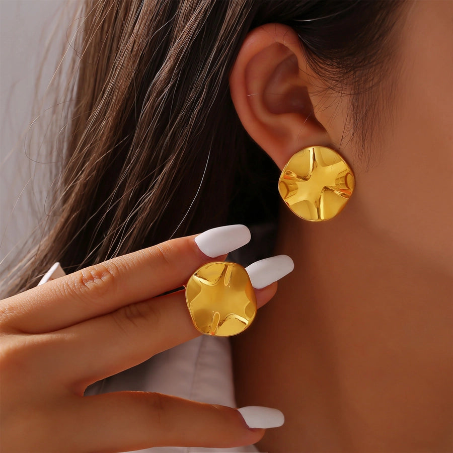 Flat Round Pleated Earrings [304 Stainless Steel,18K Gold Plated]