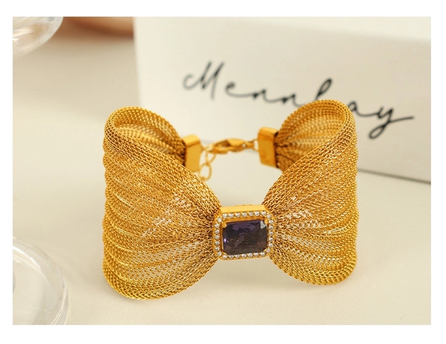 Large Bow Zircon Bangle Bracelet [304 Stainless Steel, 18K Gold Plated]