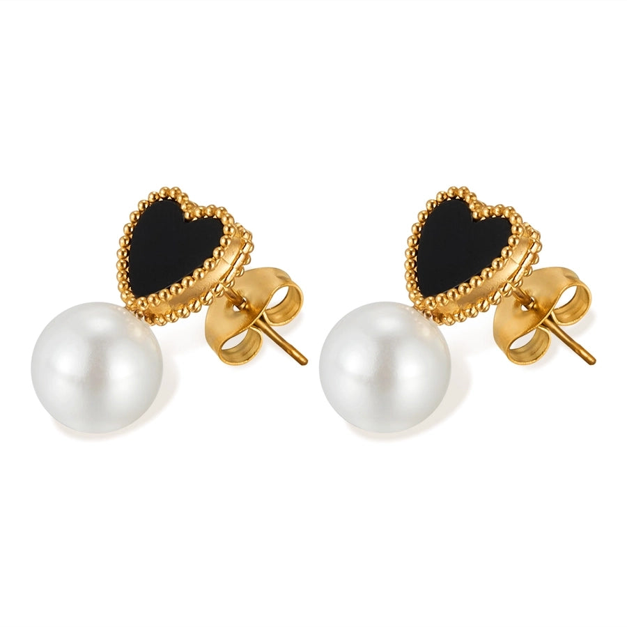 Black Heart Shape Pearl Earrings [304 Stainless Steel]