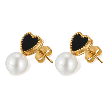 Black Heart Shape Pearl Earrings [304 Stainless Steel]