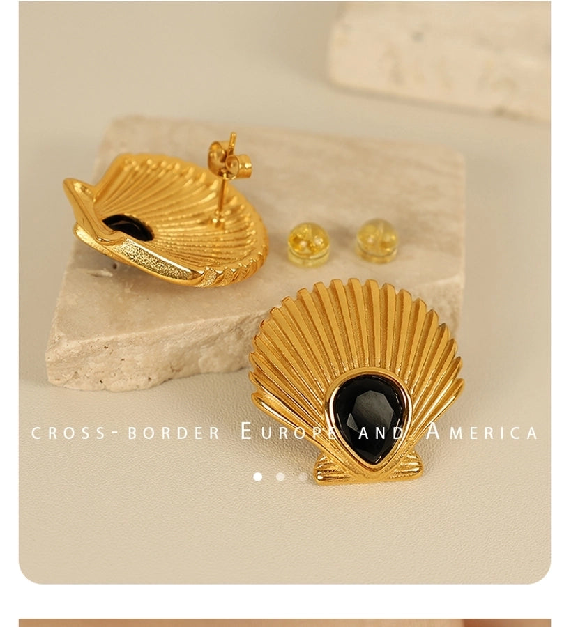 Scallop Zircon Earrings [304 Stainless Steel,18K Gold Plated]