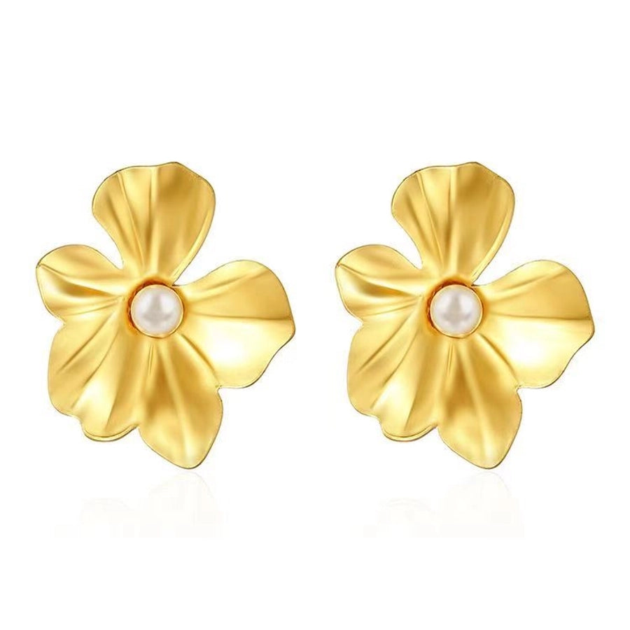 Flower Imitation Pearl Earrings [304 Stainless Steel,18K Gold Plated]