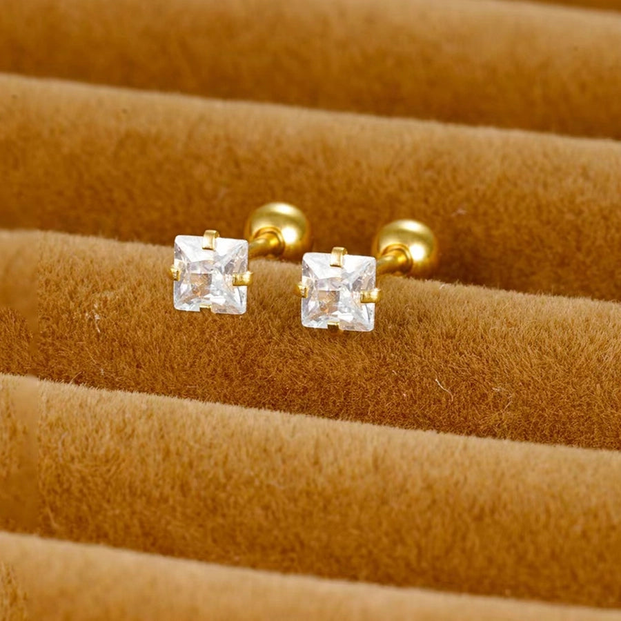 Golden Four-Claw Square Synthetic Zircon Stud Earrings [316 Stainless Steel]