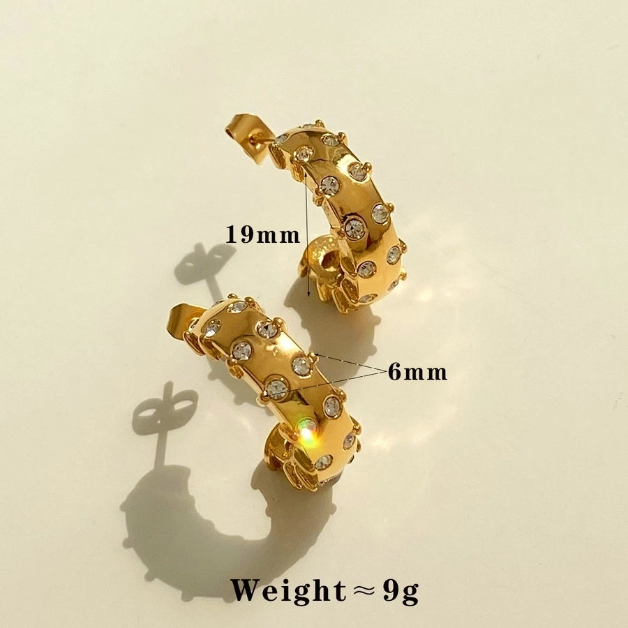 C Shape Plating Rhinestones Earrings [304 Stainless Steel,16K Gold Plated]