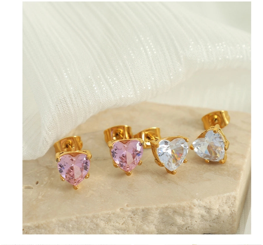 Pink White Zircon Heart Earrings/Necklace [304 Stainless Steel, 18K Gold Plated]