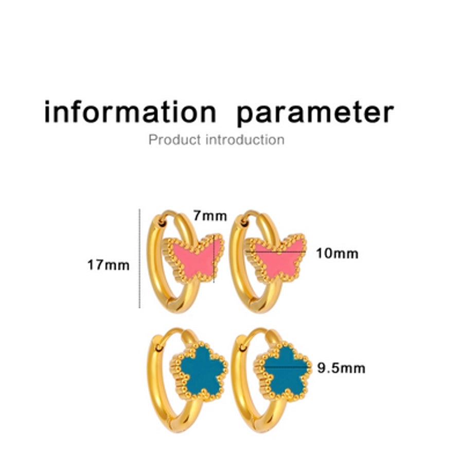 Blue Pink Flower Butterfly Enamel Earrings [304,316 Stainless Steel,18K Gold Plated]