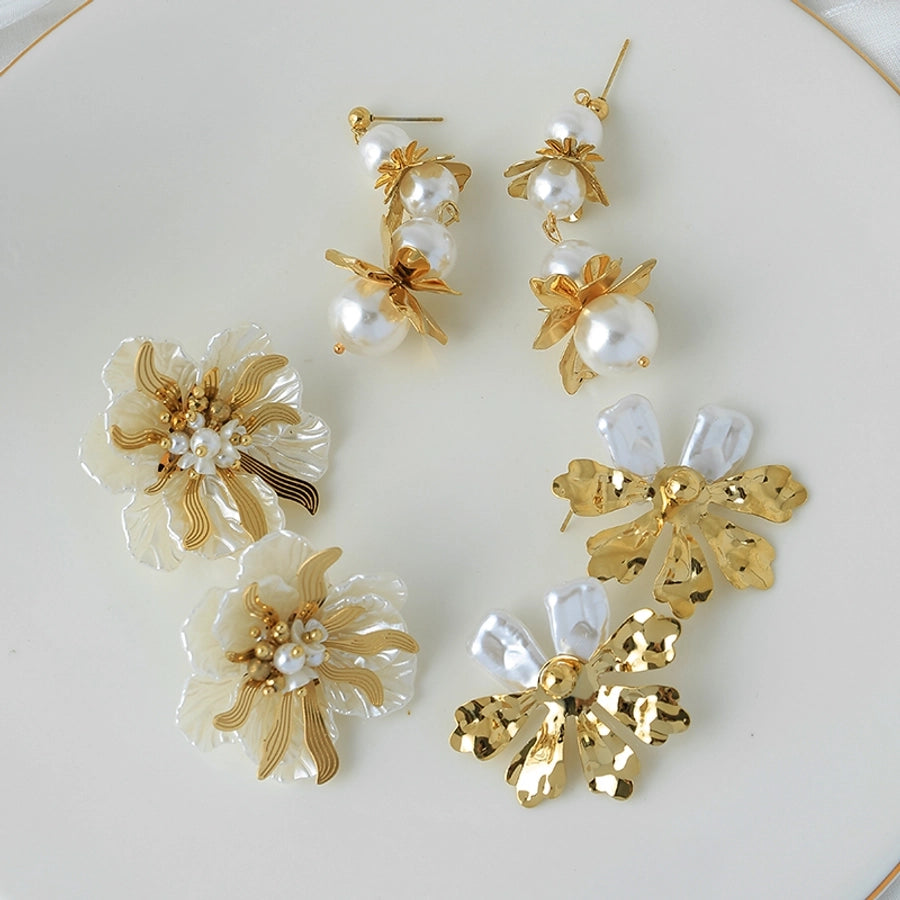 Flower Inlay Pearl Drop Earrings [304 Stainless Steel,14K Gold Plated]