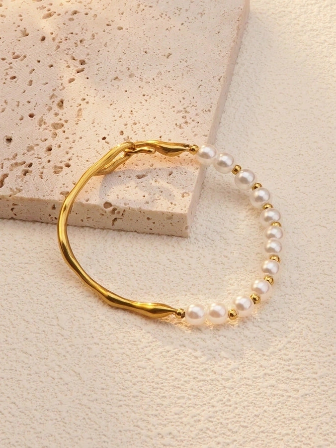 Plastic Pearls Bangle Bracelet  [304 Stainless Steel,18K Gold Plated]