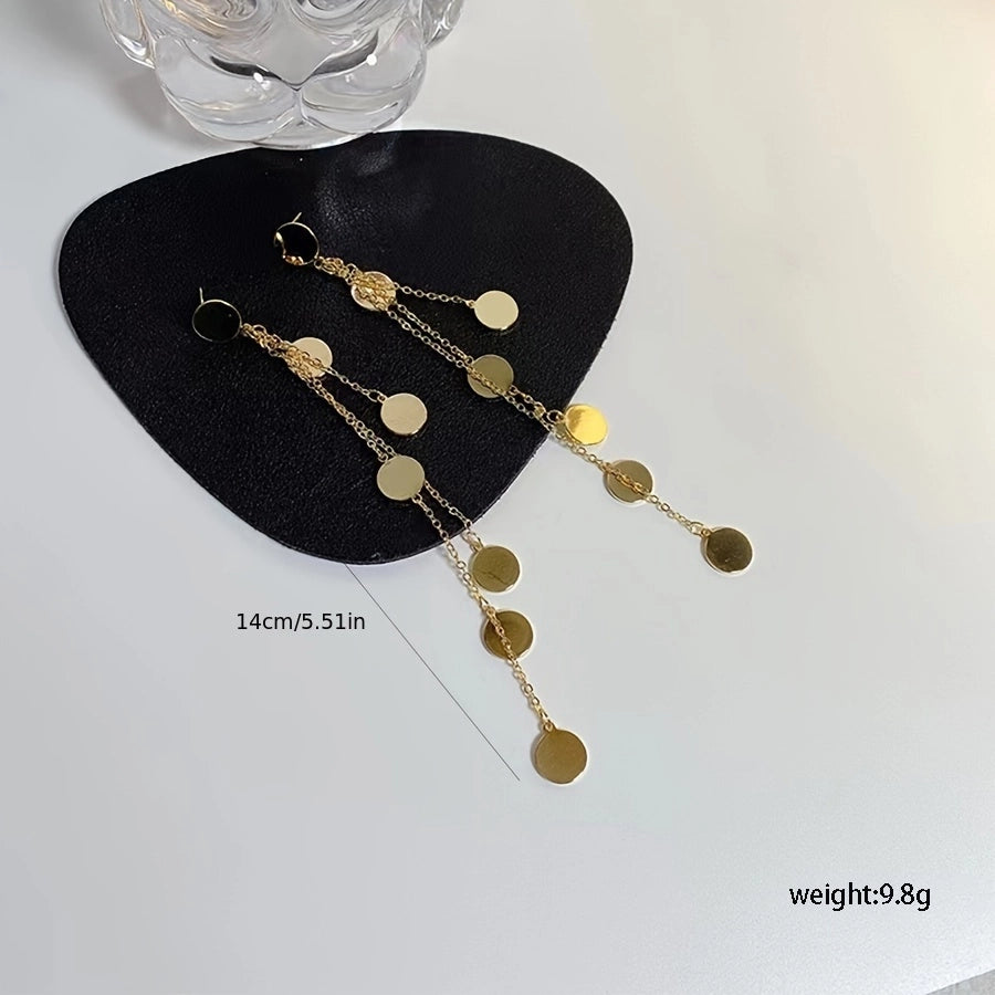 Round Wafer Tassel Drop Earrings [201 Stainless Steel]