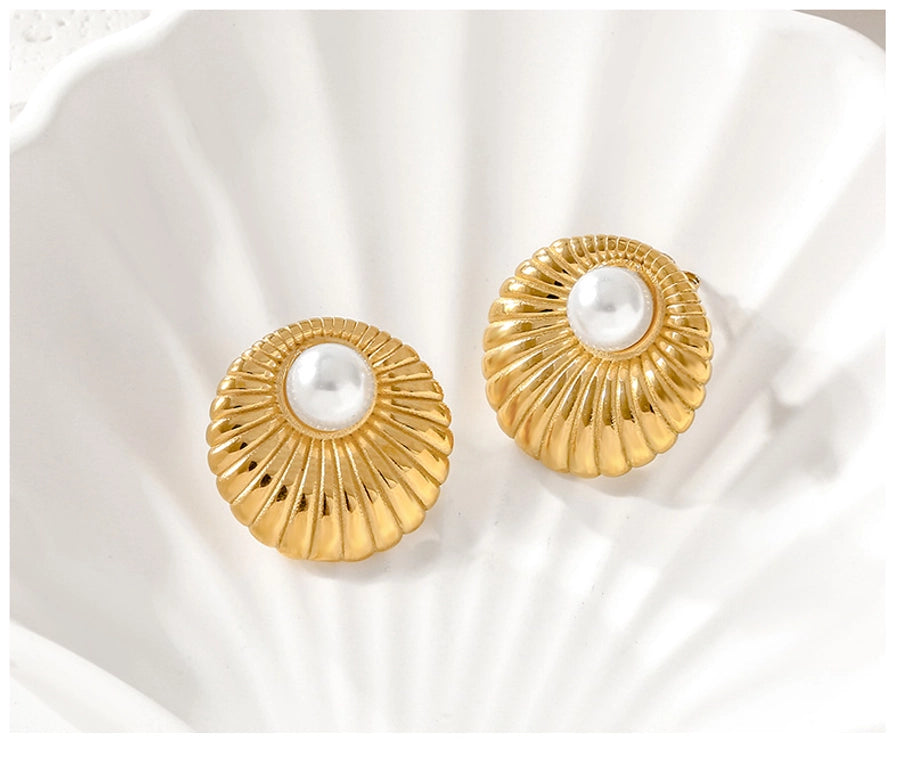 Pearl Round Earrings [316 Stainless Steel,18K Gold Plated]