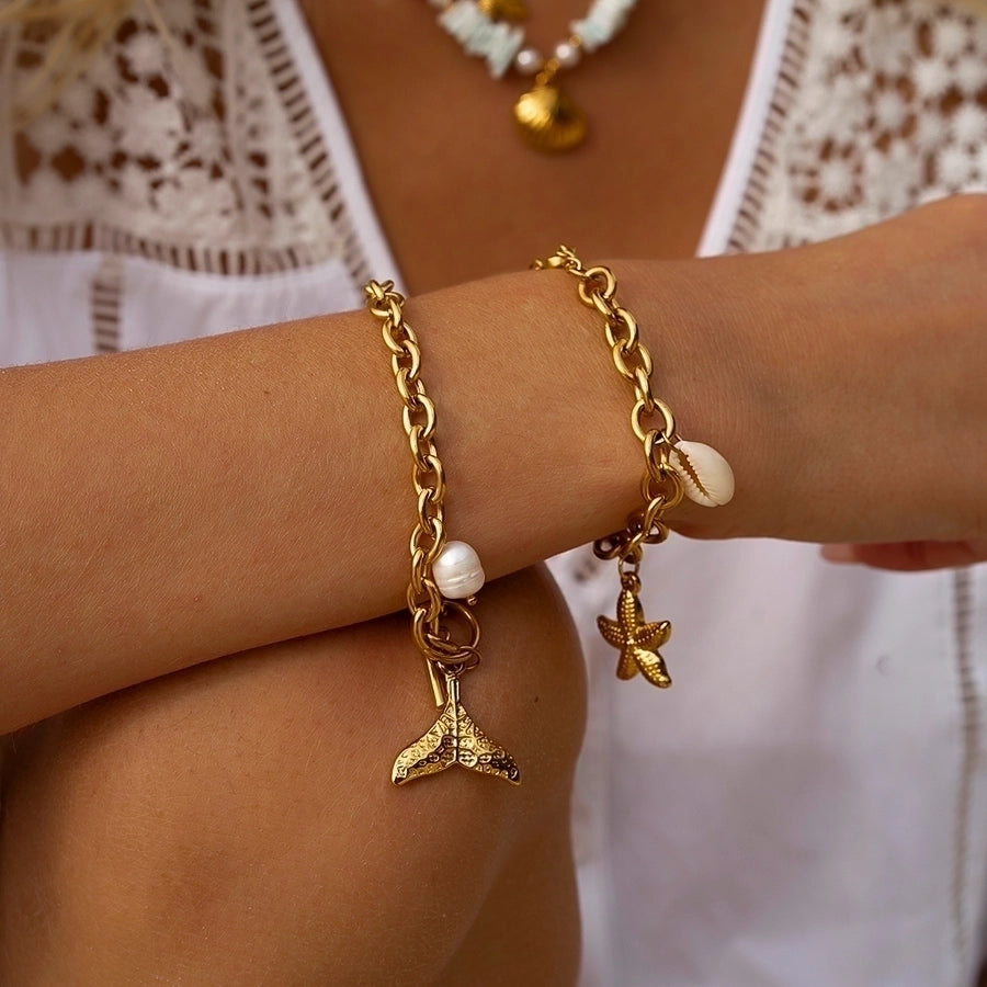 Vacation Style Starfish/Shell Bracelet [304 Stainless Steel,18K Gold Plated]