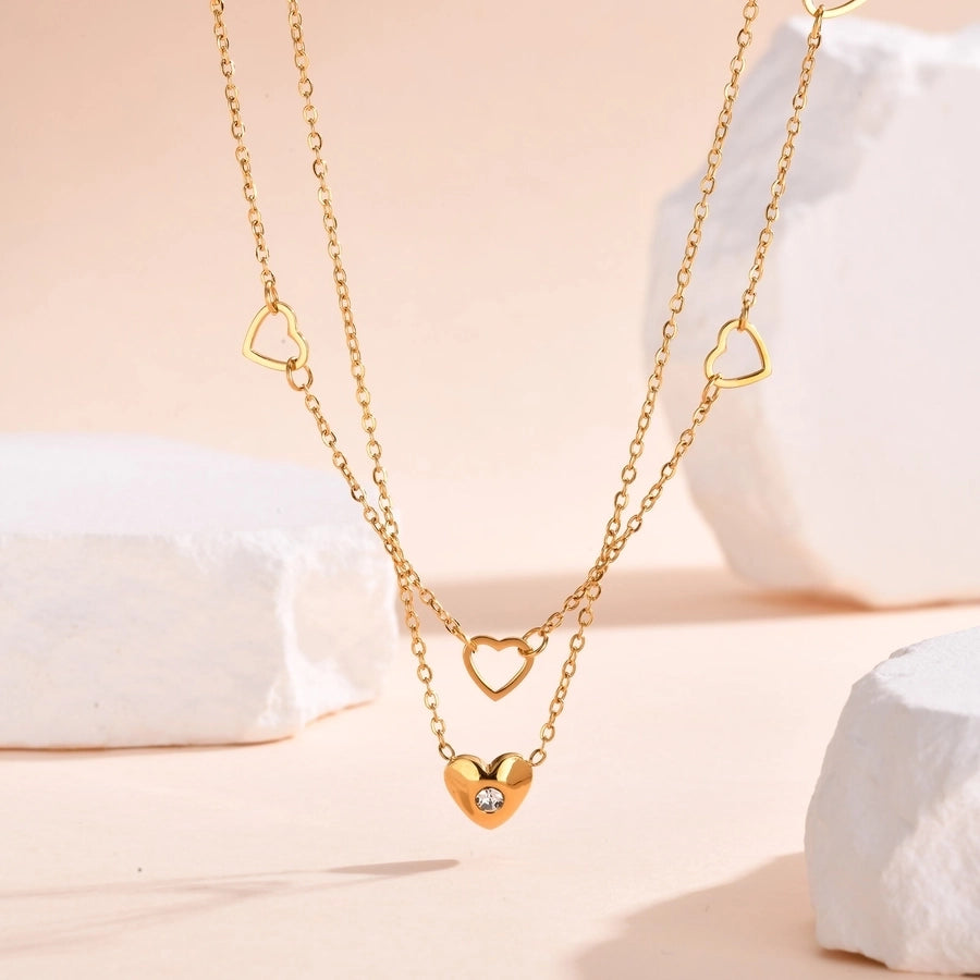 Heart Shape Hollow Double Layer Necklace [304 Stainless Steel,18K Gold Plated]